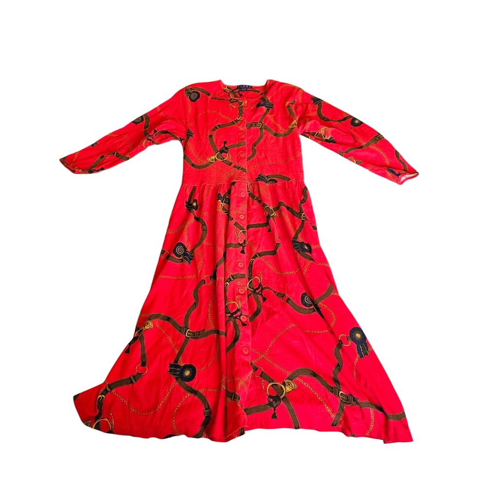 Vintage R•E•N•N•Y Pink Equestrian Chain Print Button Front Midi Dress Medium
